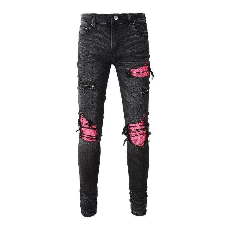 Men's Distressed High Street Black Slim Fit Stretch Pink Paisley Bandanna Patches Holes Ripped Jeans