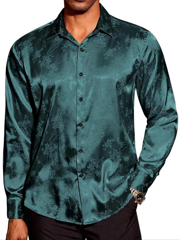 Men's Regular Fit Floral Jacquard Button Front Shirt, Casual Long Sleeve Collar Shirt for Daily Wear, Fashion Men's Top for All Seasons