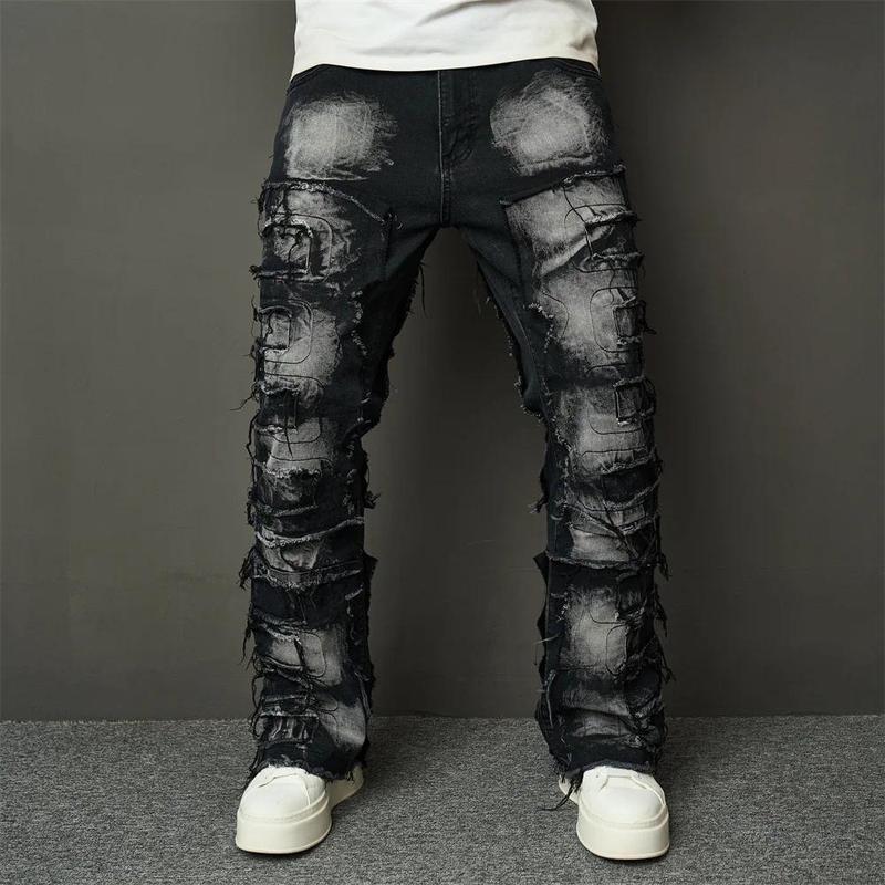 Stacked Men's jeans Fashion Streetwear HipHop Patch Spliced Men Straight Jeans Distressed Male Slim Biker Denim Pants Menswear Trouser