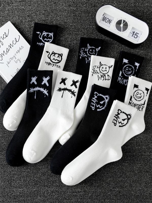 Men's Cartoon Face Print Crew Socks, Casual Moisture Wicking Mid-calf Socks, Summer Outdoor Socks, 10 Pairs Soft Comfy Breathable Socks for All Seasons Daily Wear, Menswear