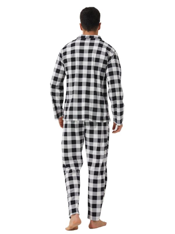 Two-Piece Set Men's Plaid Print Button Front Pajama Set, Casual Comfy Long Sleeve Lapel Neck Pocket Shirt & Elastic Waist Pants PJ Set, Men's Sleepwear for Fall & Winter