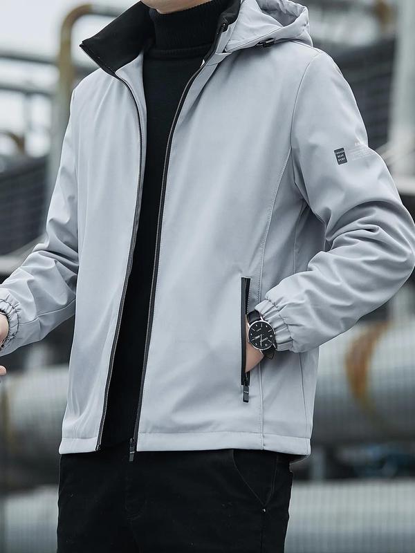 Men's Zipper Pocket Hooded Windbreaker Jacket, Classic Regular Fit Long Sleeve Jackets, Menswear Longsleeves Going Out Outfit for Spring & Fall