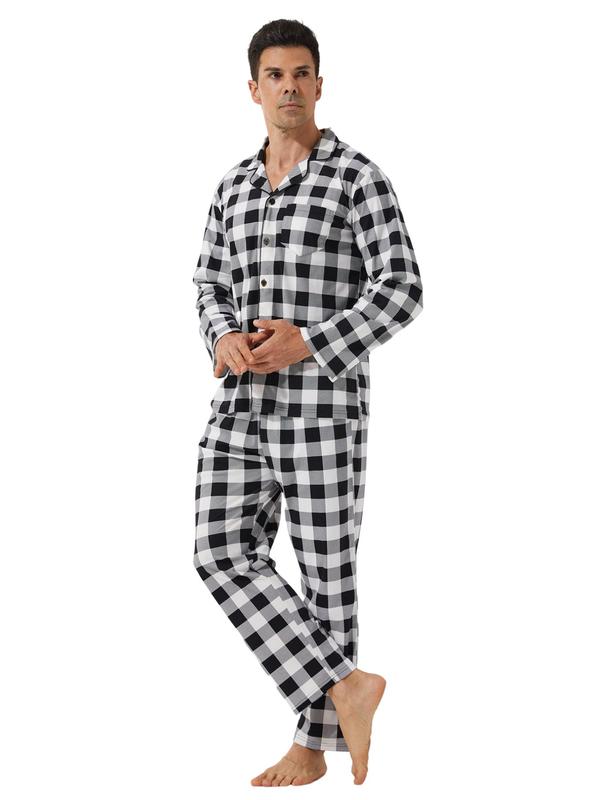 Two-Piece Set Men's Plaid Print Button Front Pajama Set, Casual Comfy Long Sleeve Lapel Neck Pocket Shirt & Elastic Waist Pants PJ Set, Men's Sleepwear for Fall & Winter