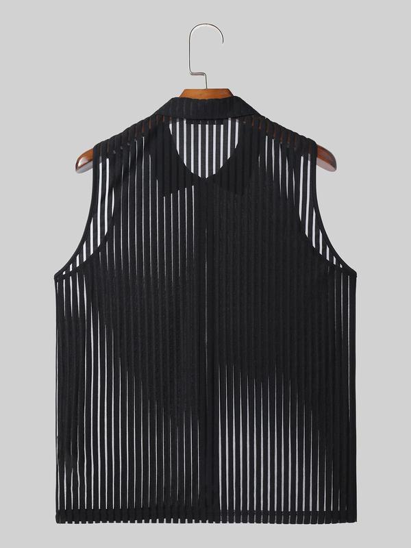 Men's Striped Zip Up Sheer Mesh Tank Top, Regular Fit Casual Fashion Sleeveless Collared Top for Summer, Men's Clothes for Club Party Music Festival