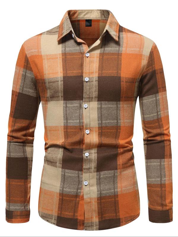 Men's Plaid Print Button Front Shirt, Regular Fit Casual Long Sleeve Collared Top for All Seasons, Men's Clothes for Daily Wear