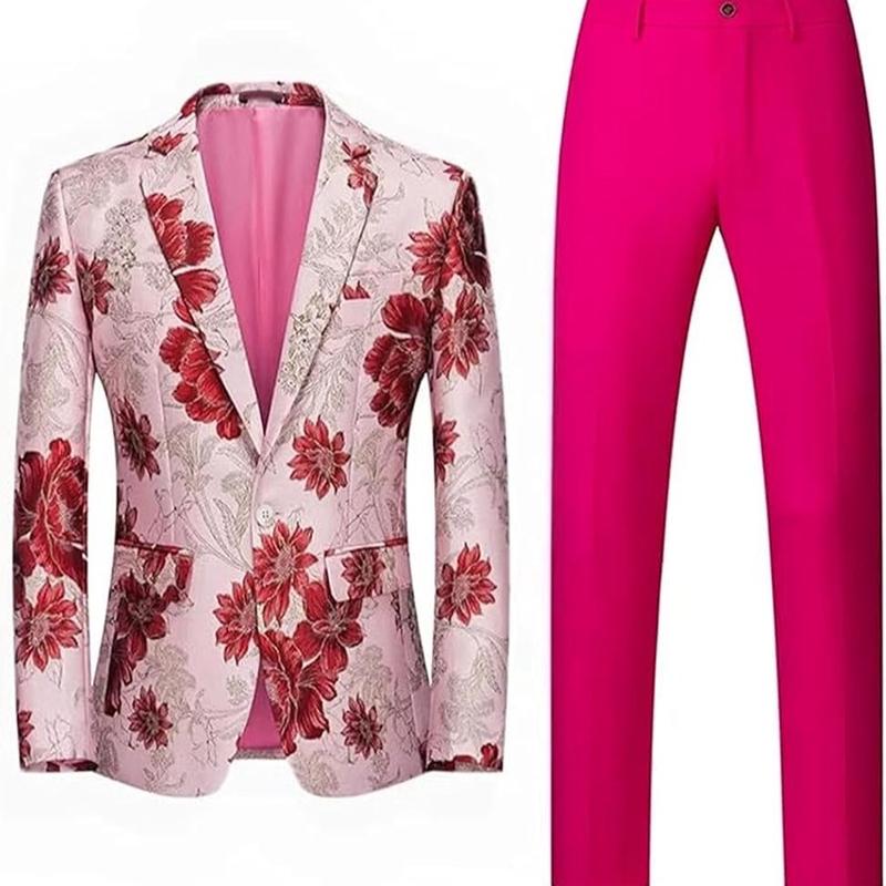 Mens 2 Piece Floral Dress Suit One Button Dinner Tuxedo Jacket & Pants Luxury Printed Wedding Blazer