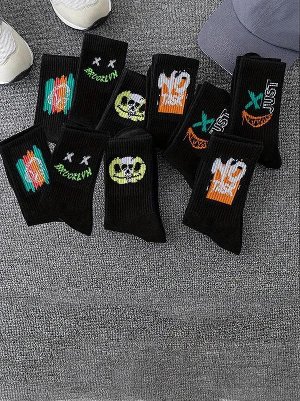 Men's 10 Pairs Cartoon & Letter Print Crew Socks, Fashion Casual Comfy Socks for Daily Outdoor Wear, Socks for Men, Knitting Socks for All Seasons