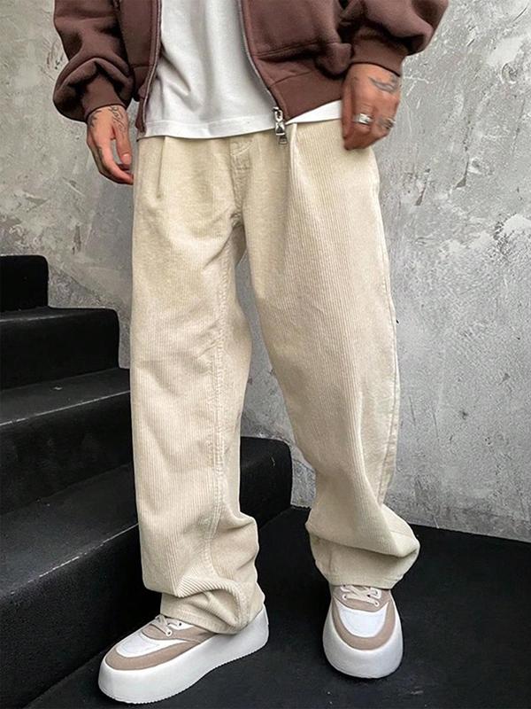 Men's Solid Pocket Drawstring Waist Wide Leg Pants, Loose Casual Corduroy Trousers for Fall & Winter, Men Bottoms for Daily Wear, Fall Work Outfits, Streetwear Lazy School Outfit