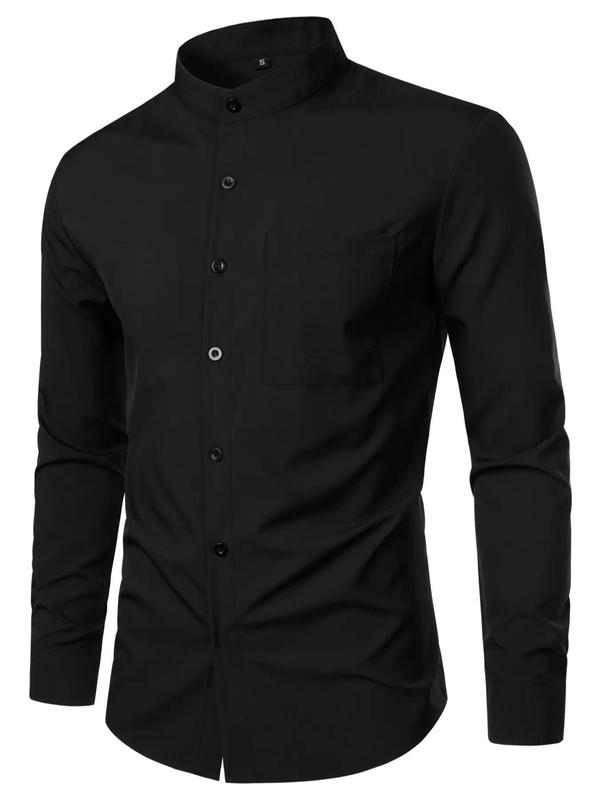 Men's Solid Pocket Button Front Shirt, Regular Fit Business Long Sleeve Stand Collar Top for Daily Wear, Casual Men's Clothes for Spring & Fall