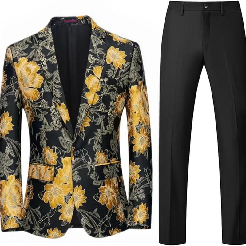 Mens 2 Piece Floral Dress Suit One Button Dinner Tuxedo Jacket & Pants Luxury Printed Wedding Blazer