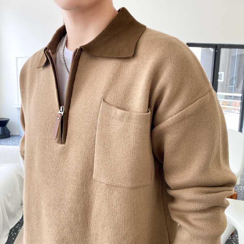 Autumn New Contrast Color Sweater Polo Fashion Zipper Sweater Men's Sweater