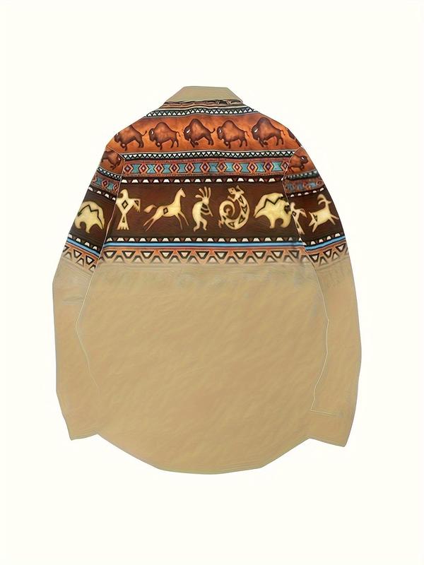 Men's Ethnic Pattern Button Front Shirt, Regular Fit Boho Long Sleeve Collared Top for Daily Holiday Vacation Wear, Men's Clothes for All Seasons, Fall Outfits, Fallfreshness
