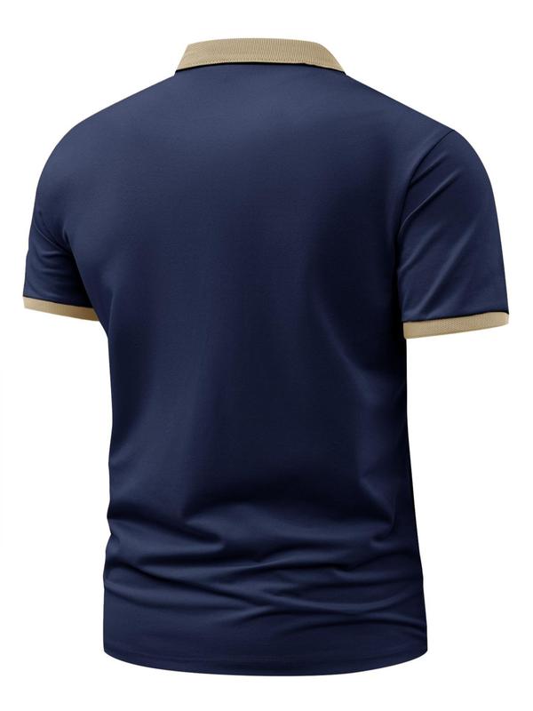 Men's Regular Fit Contrast Binding Short Sleeve Polo Shirt, Casual Button Front Collared Top for Summer, Fashion Men's Clothes for Daily Wear