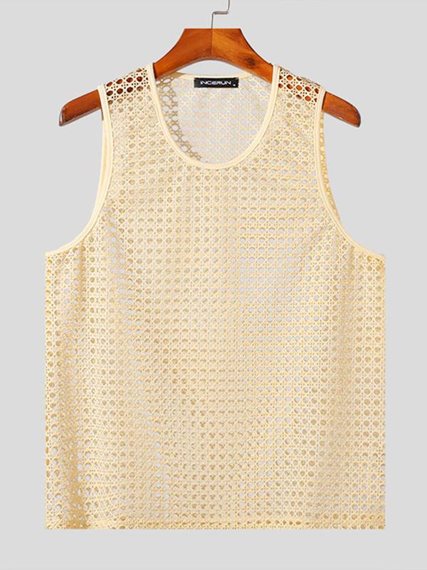 Men's Solid Hollow Out Round Neck Tank Top, Loose Casual Sleeveless Vest Top for Summer, Fashion Men's Clothes for Daily Wear