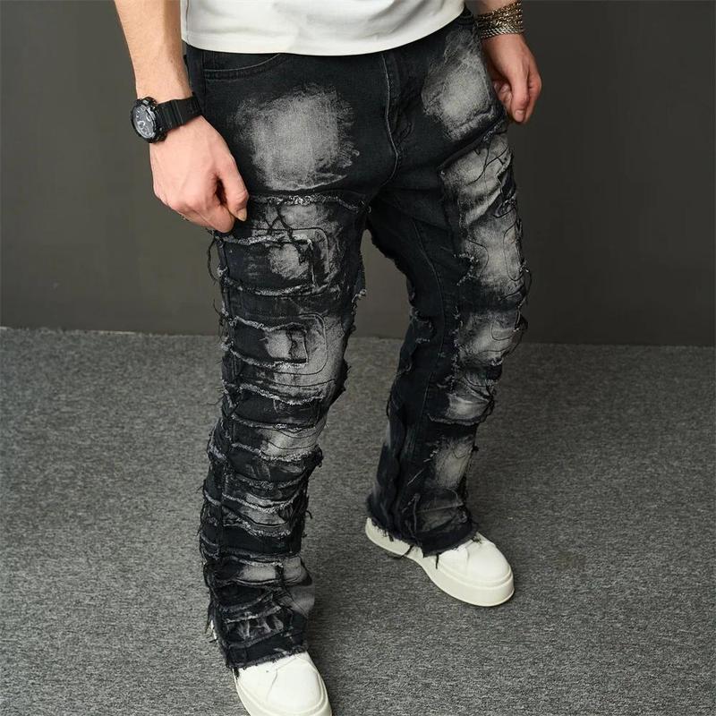 Stacked Men's jeans Fashion Streetwear HipHop Patch Spliced Men Straight Jeans Distressed Male Slim Biker Denim Pants Menswear Trouser