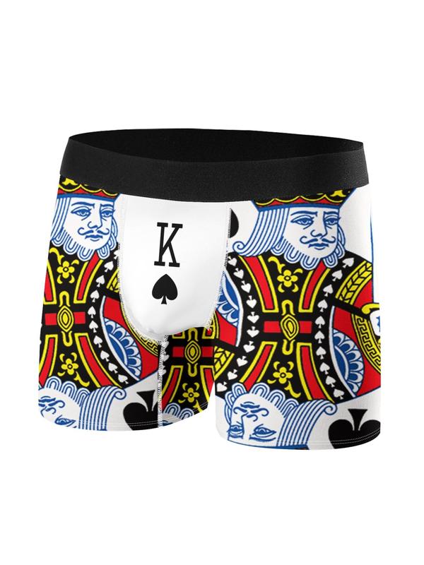 Men's All Over Playing Card Print Contrast Tape Boxer Brief, Slim Casual Comfy Breathable Knicker for All Seasons, Mens Underwear for Daily Wear