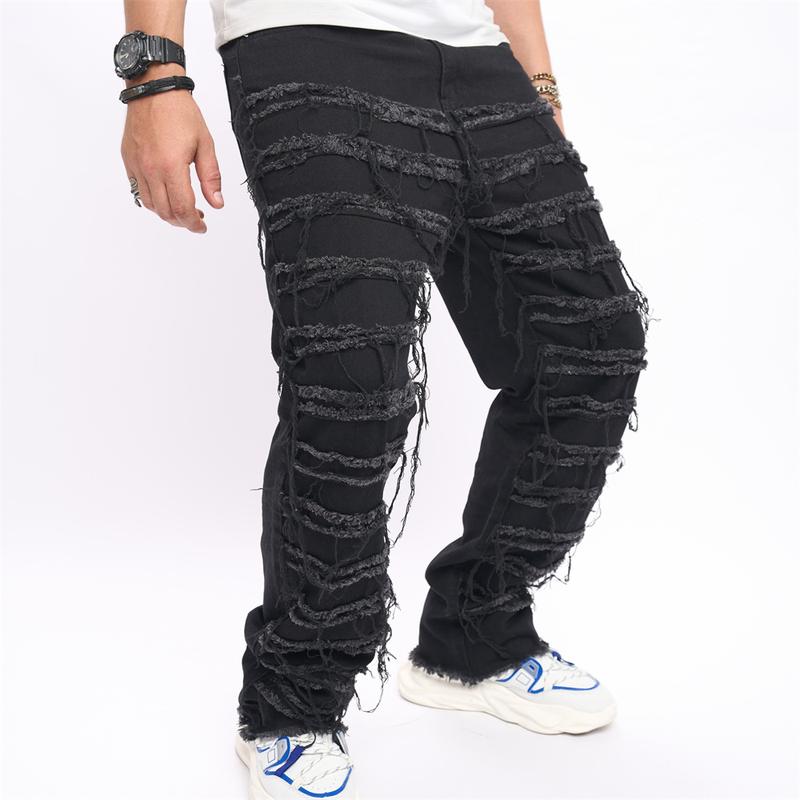 Men's HipHop Stacked Spliced Biker Jeans Stylish Men Street Loose Cotton Solid Male Straight Denim Pants Menswear Underwear Trouser Human Streetwear Pocket Beige Plain