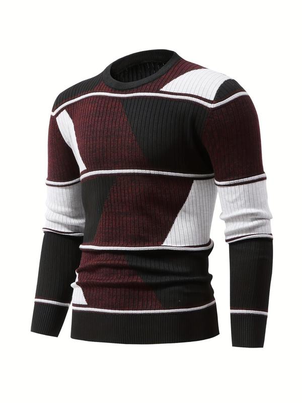 Men's Colorblock Patchwork Round Neck Sweater, Casual Regular Fit Long Sleeve Crew Neck Jumper for Fall & Winter, Fashion Men's Knitwear for Daily Wear