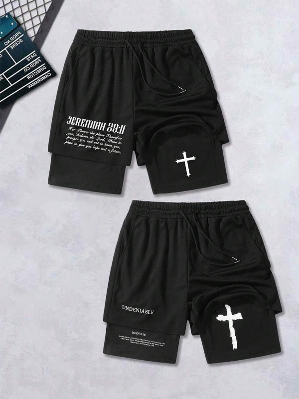 Men's 2 in 1 Cross & Letter Print Drawstring Waist Shorts, Loose Casual Pocket Elastic Waist Track Shorts for Summer, Fashion Men's Bottoms for Daily Wear