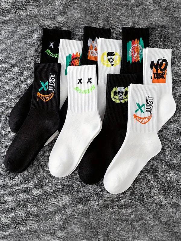 Men's 10 Pairs Cartoon & Letter Print Crew Socks, Fashion Casual Comfy Socks for Daily Outdoor Wear, Socks for Men, Knitting Socks for All Seasons