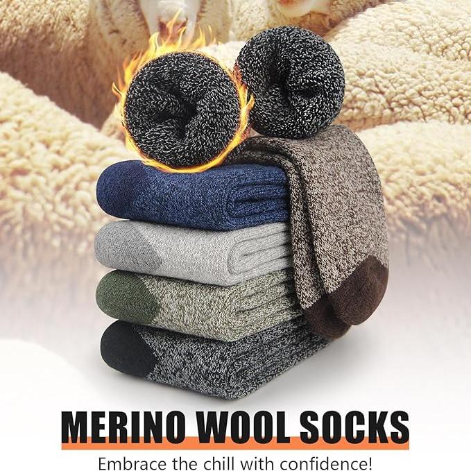 5 Pairs Merino Wool Socks for Winter Warm Thermal Hiking-Women Men Thick Crew Socks for Camping Cozy Socks for Man Christmas Menswear