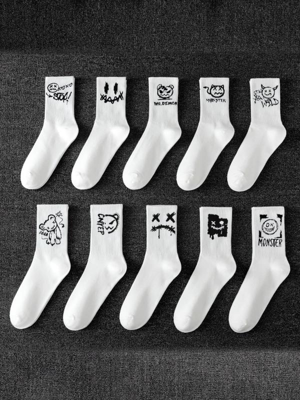 Men's Cartoon Face Print Crew Socks, Casual Moisture Wicking Mid-calf Socks, Summer Outdoor Socks, 10 Pairs Soft Comfy Breathable Socks for All Seasons Daily Wear, Menswear