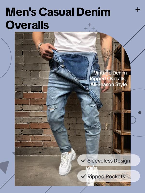 Men's Plain Button Denim Vintage Overalls, Casual Comfy Sleeveless Ripped Pocket Overalls for Daily Wear, Men's Overalls for All Seasons, Menswear Suits