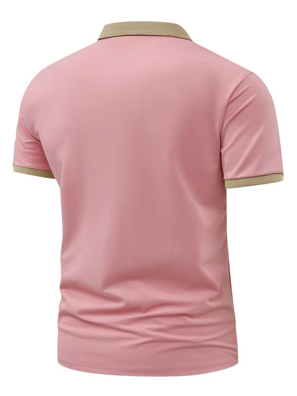 Men's Regular Fit Contrast Binding Short Sleeve Polo Shirt, Casual Button Front Collared Top for Summer, Fashion Men's Clothes for Daily Wear