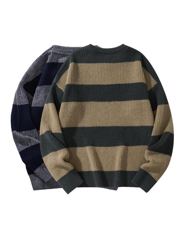 Men's 2pcs Striped Print Drop Shoulder Sweater, Regular Fit Casual Long Sleeve Round Neck Jumper for Fall & Winter, Men's Knitwear for Daily Wear