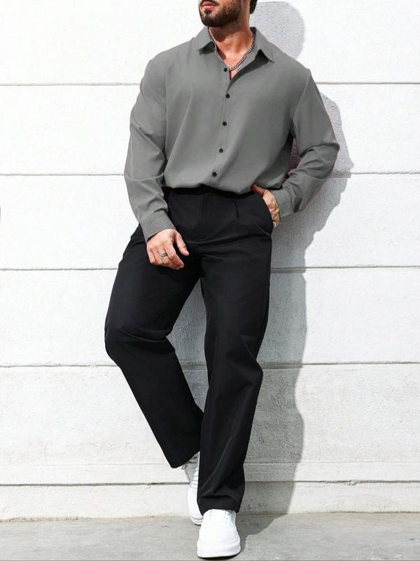  Solid Button Front Shirt, Casual Comfy Long Sleeve Collared Top for Fall & Winter, Men's Clothes for Daily Wear