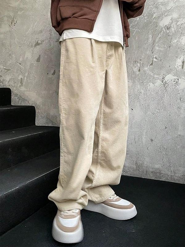 Men's Solid Pocket Drawstring Waist Wide Leg Pants, Loose Casual Corduroy Trousers for Fall & Winter, Men Bottoms for Daily Wear, Fall Work Outfits, Streetwear Lazy School Outfit