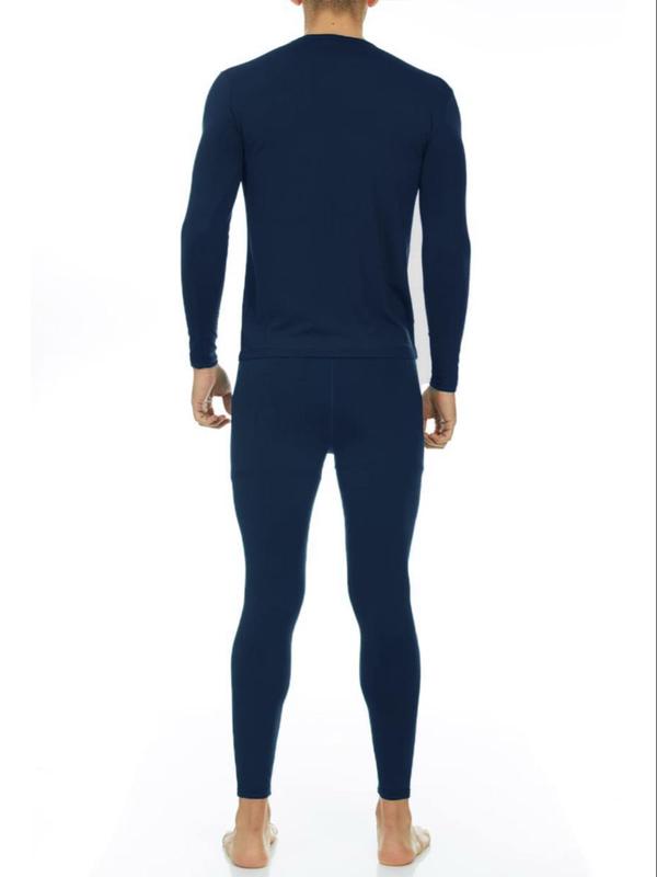 Men's Solid Long Sleeve Thermal Underwear Set, Casual Comfy Warm Round Neck Top & Pants Set for Fall & Winter, Men's Sleepwear for Indoor Wear