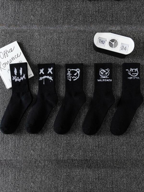 Men's Cartoon Face Print Crew Socks, Casual Moisture Wicking Mid-calf Socks, Summer Outdoor Socks, 10 Pairs Soft Comfy Breathable Socks for All Seasons Daily Wear, Menswear