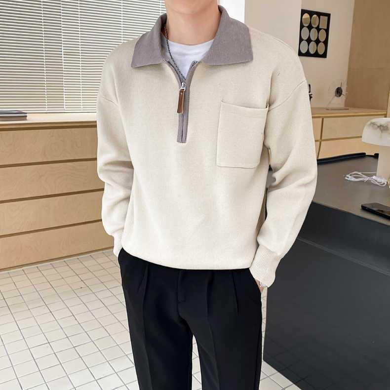 Autumn New Contrast Color Sweater Polo Fashion Zipper Sweater Men's Sweater