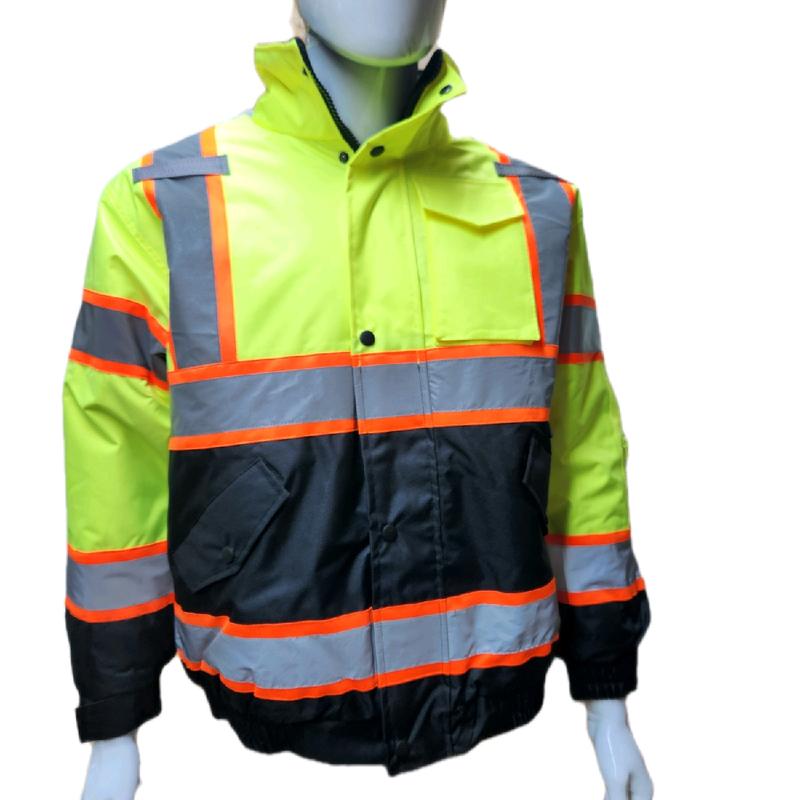 High Visibility Water Resistant Yellow Bomber Safety Jacket with Hoodie   Reflective Safety Sherpa Insulated Jacket