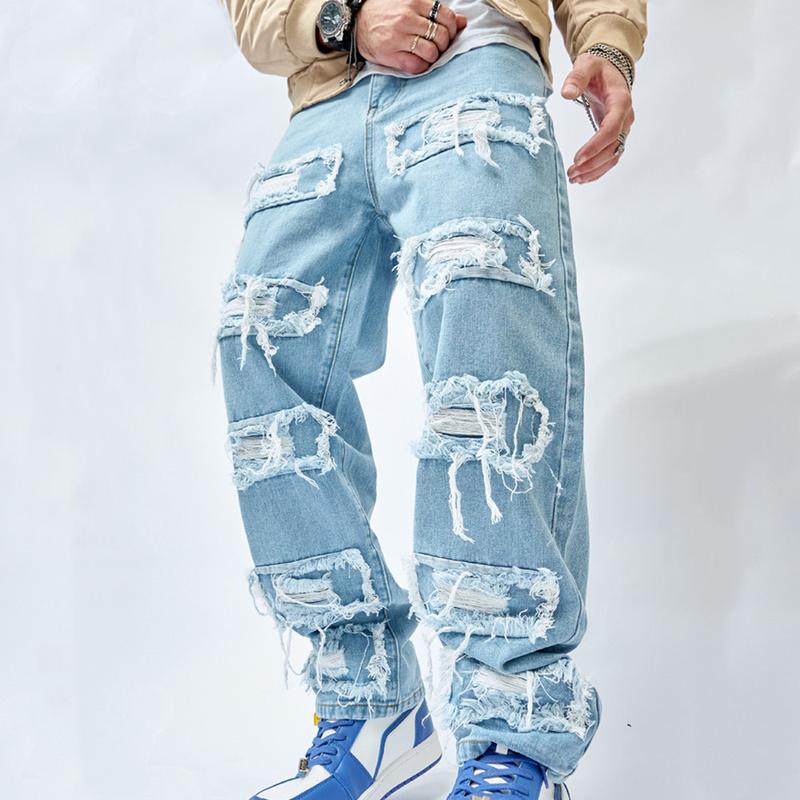 Wide-leg Men's Jeans Men Stylish Hip Hop Ripped Patch Loose Fit Jeans Pants Streetwear Male Casual Straight Denim Trousers Menswear Underwear Human Pocket solid Beige Plain