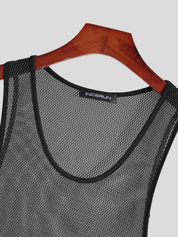 Men's Slim Plain Sheer Mesh Tank Top, Casual Sleeveless Round Neck Top for Summer, Fashion Men's Clothes for Daily Wear