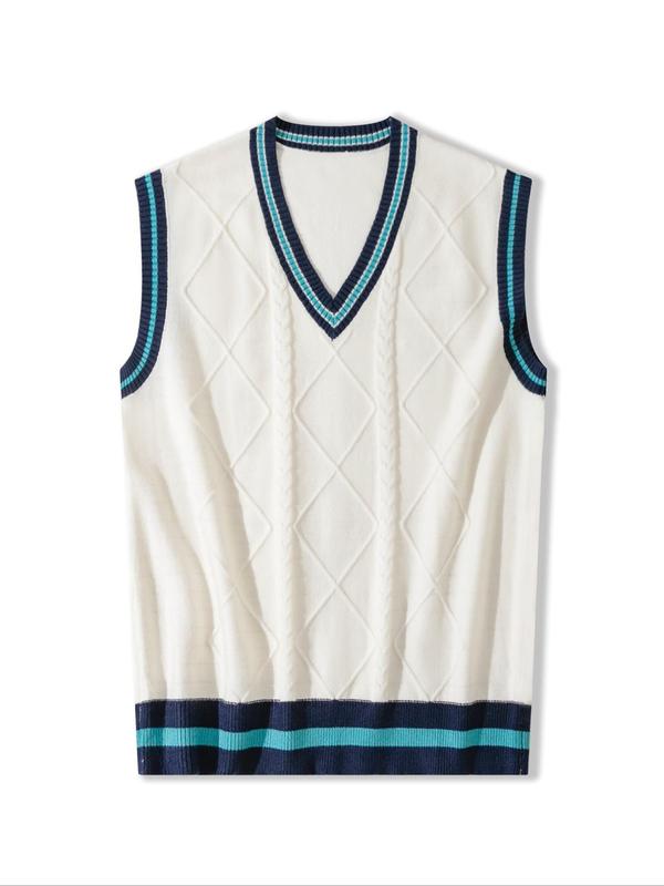 Men's Striped Print V Neck Tank Sweater Vest, Regular Fit Casual Sleeveless Jumper Vest for Fall & Winter, Men's Knitwear for Daily Wear