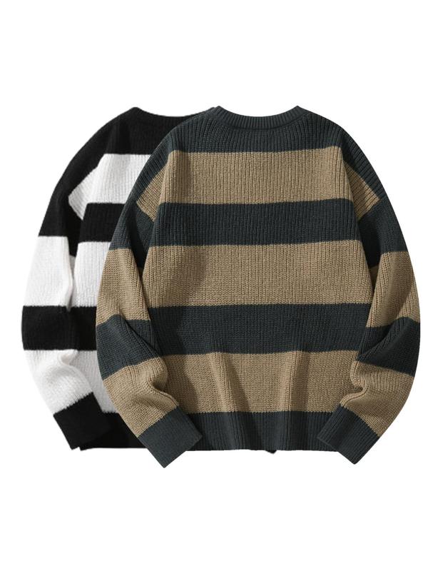 Men's 2pcs Striped Print Drop Shoulder Sweater, Regular Fit Casual Long Sleeve Round Neck Jumper for Fall & Winter, Men's Knitwear for Daily Wear