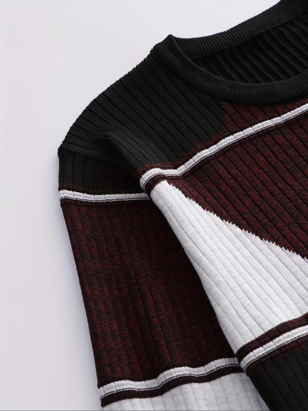 Men's Colorblock Patchwork Round Neck Sweater, Casual Regular Fit Long Sleeve Crew Neck Jumper for Fall & Winter, Fashion Men's Knitwear for Daily Wear