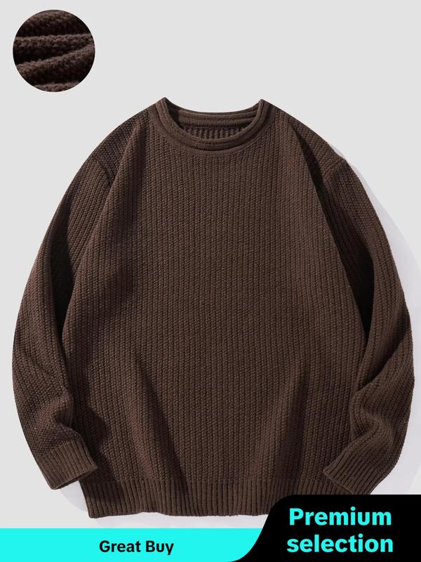 Men's Solid Color Drop Shoulder Crew Neck Sweater, Regular Fit Casual Long Sleeve Round Neck Jumper for Fall & Winter, Fashion Men's Knitwear for Daily Wear