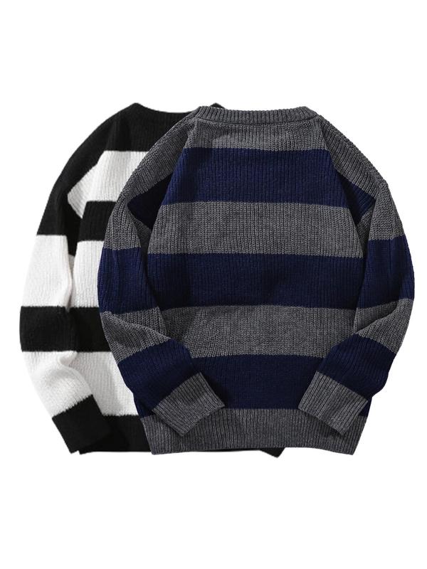 Men's 2pcs Striped Print Drop Shoulder Sweater, Regular Fit Casual Long Sleeve Round Neck Jumper for Fall & Winter, Men's Knitwear for Daily Wear