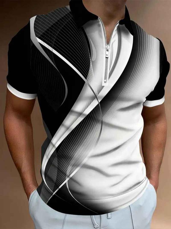 Men's Colorblock Print Zipper Polo Shirt, Regular Fit Casual Short Sleeve Collared Top for Summer, Fashion Men's Clothes for Daily Wear