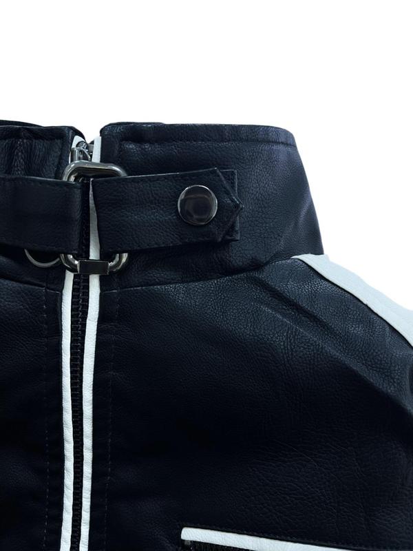 Men's Colorblock Zipper PU Leather Jacket, Regular Fit Casual Long Sleeve Stand Collar Thickened Outerwear for Fall & Winter, Men's Clothes for Daily Wear