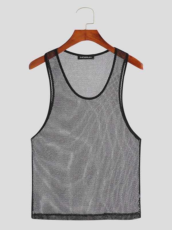 Men's Slim Plain Sheer Mesh Tank Top, Casual Sleeveless Round Neck Top for Summer, Fashion Men's Clothes for Daily Wear