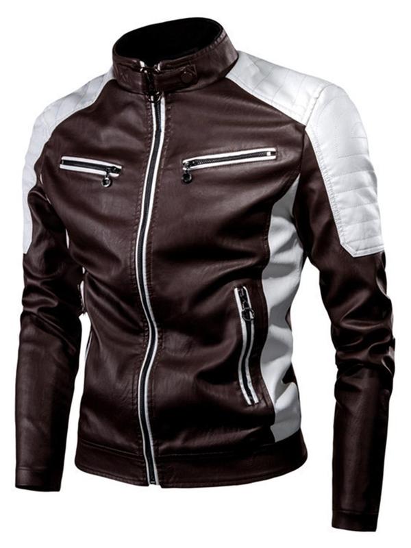 Men's Colorblock Zipper PU Leather Jacket, Regular Fit Casual Long Sleeve Stand Collar Thickened Outerwear for Fall & Winter, Men's Clothes for Daily Wear