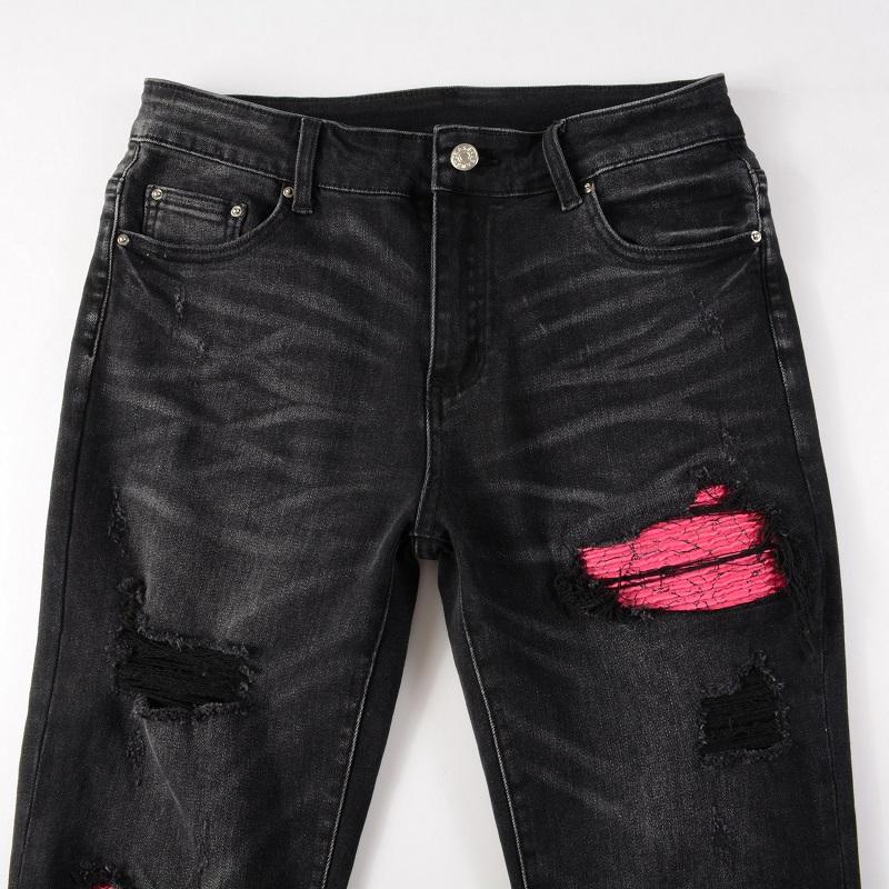 Men's Distressed High Street Black Slim Fit Stretch Pink Paisley Bandanna Patches Holes Ripped Jeans