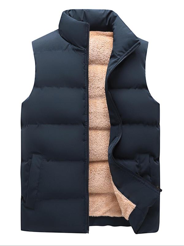 Men's Solid Zip Up Pocket Design Thermal Lined Gilet, Regular Fit Casual Stand Collar Sleeveless Outerwear for Outdoor Activities, Men's Clothes for Winter