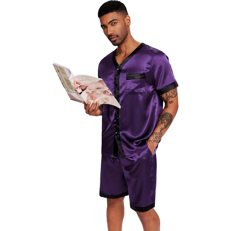 Silk Pajamas for Men Satin Pajama Shorts 2count Button Down Pj Set V Neck Sleepwear Loungewear with Pockets S-XXL