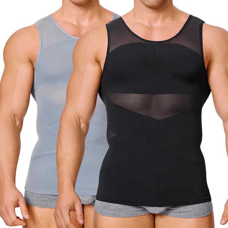 Black Friday Deals Nebility 2 Pieces Men's Mesh Summer Tank Tops Shapewear Undershirt Abdomen Belly Compress Shirt